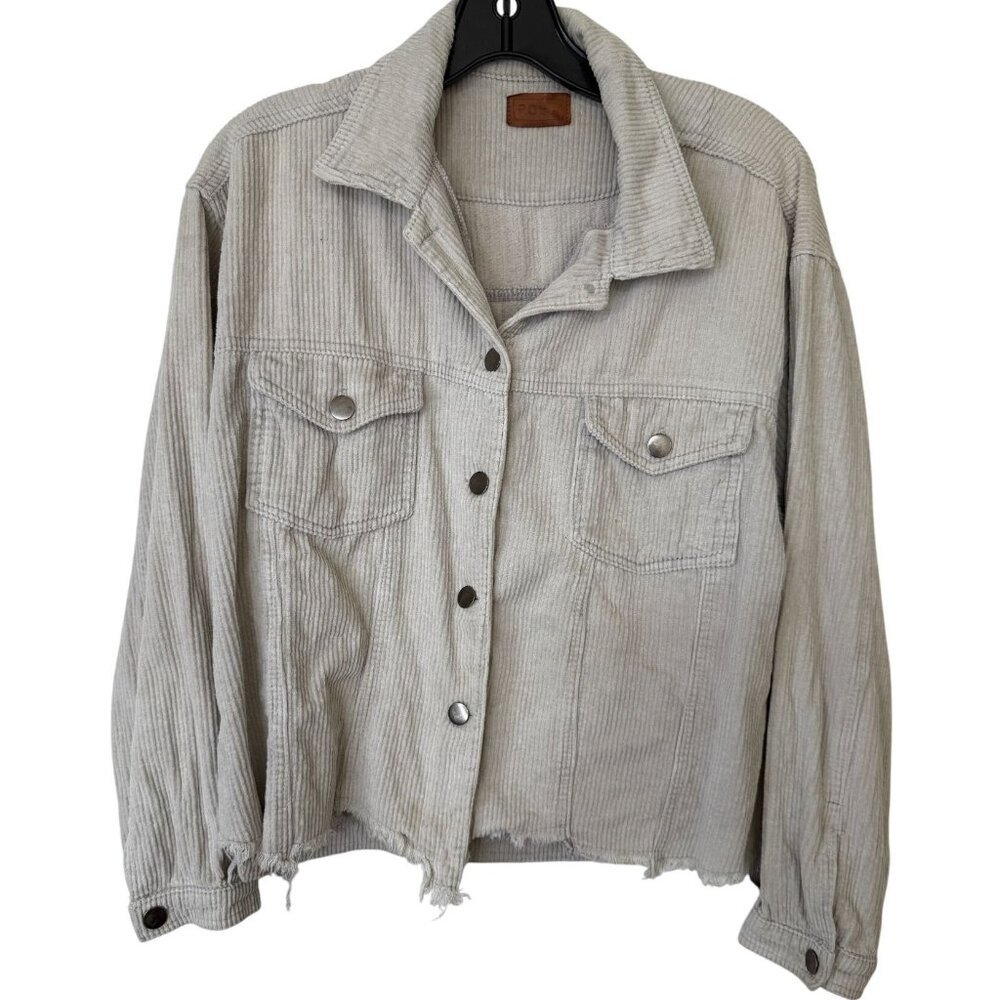 POL Cream Corduroy Cropped Button Jacket – Raw Hem, Distressed, 100% Cotton (S)